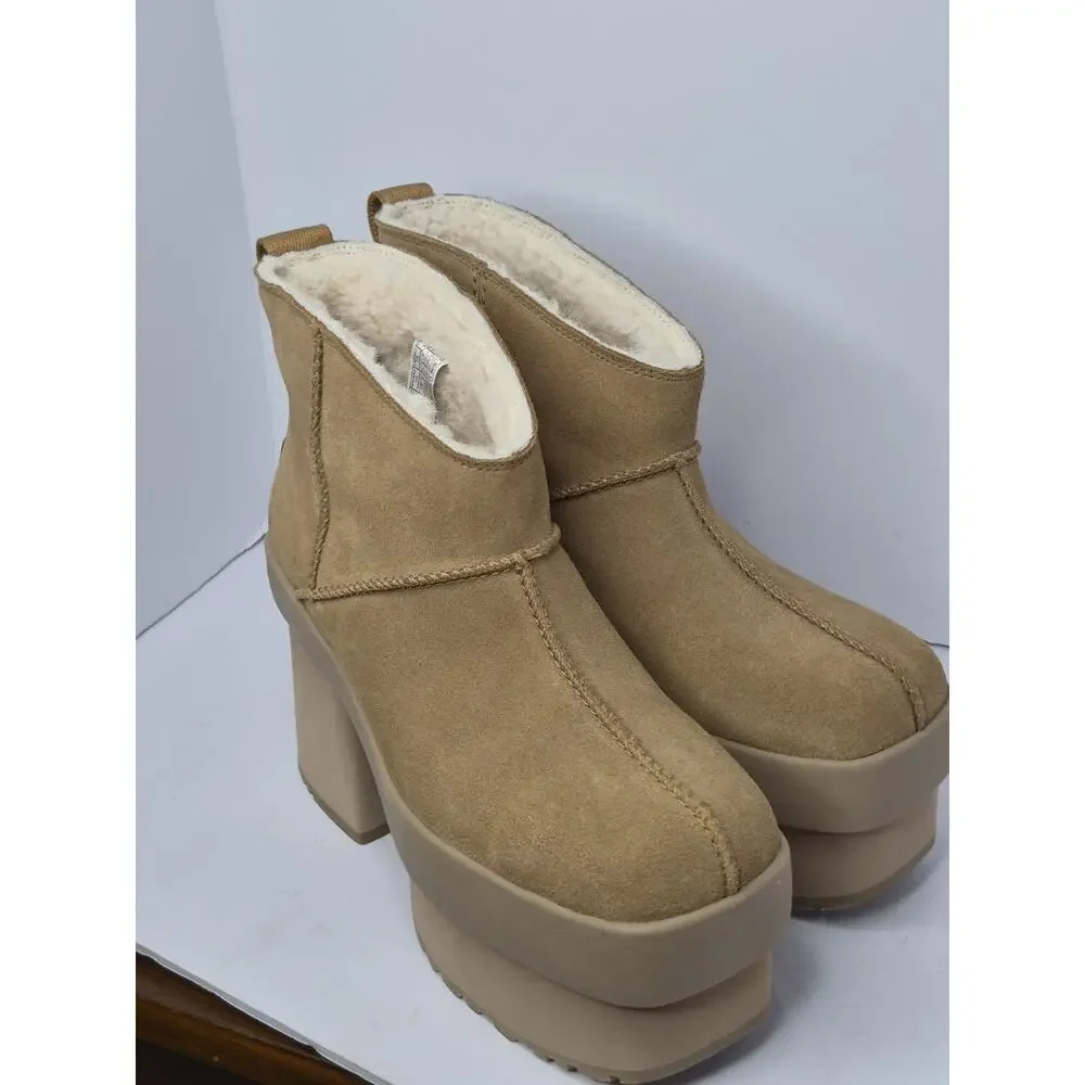 UGG New Heights Platform Mini Boot Tan Suede Shearling Lined Heel Women’s Size 8